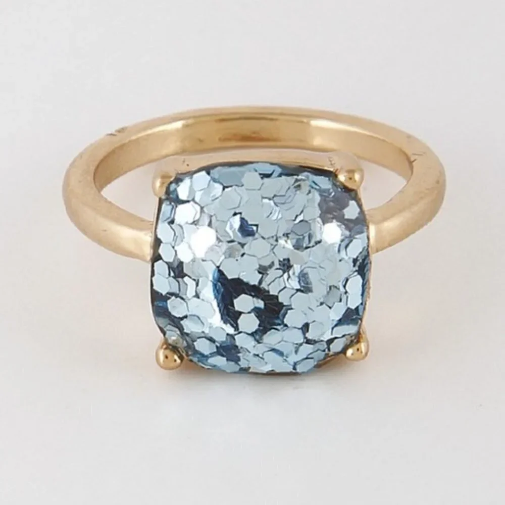 Blue Glitter Ring Rounded Square Gold Base Jewelry